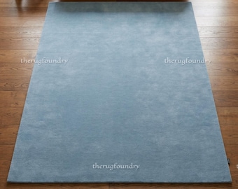 Hand Tufted Wool Area Rug Solid Light Blue Minimal Living Room Bedroom Modern Decor