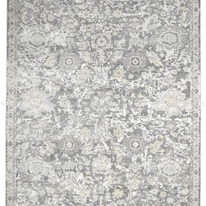 Grey floral rug 8x10 9x12, hand knotted in New Zealand wool, vintage distressed carpet for living, bedroom, or transitional interiors