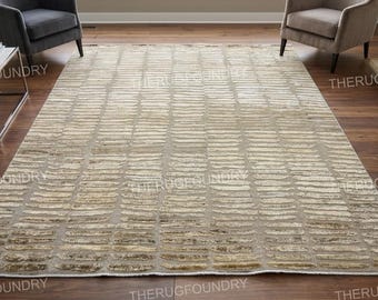Hand Knotted Wool Rug 8x10 Modern Abstract Neutral Area Rug Living Room Carpet.