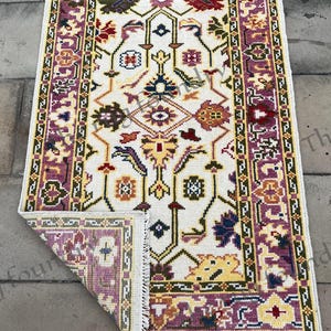 Hand Knotted Oushak Wool Rug: Ivory, Red, Tribal Floral Medallion