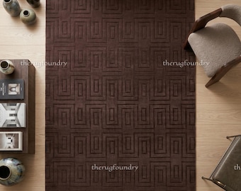 Hand Tufted Wool Area Rug Dark Brown Geometric Textured Modern Living Room Bedroom Decor