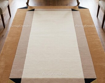Hand Tufted Wool Area Rug Minimal Beige Cream Border Living Room Bedroom Modern Decor
