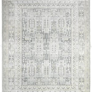 Vintage tribal rug 8x10 9x12, hand knotted in New Zealand wool, ivory grey geometric carpet for bedroom, living room, or entryway