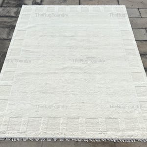 Quick Ship 8x10 Ivory Wool Rug, Hand Knotted Neutral Carpet with Geometric Border, Modern Minimalist Area Rug for Bedroom or Living Room