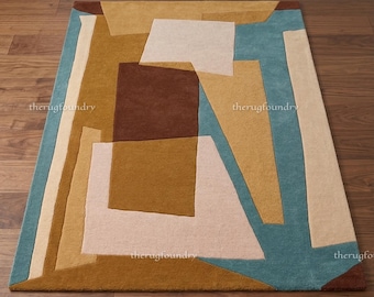 Hand Tufted Wool Rug: Modern Abstract Geometric Beige, Brown, Blue Area Rug