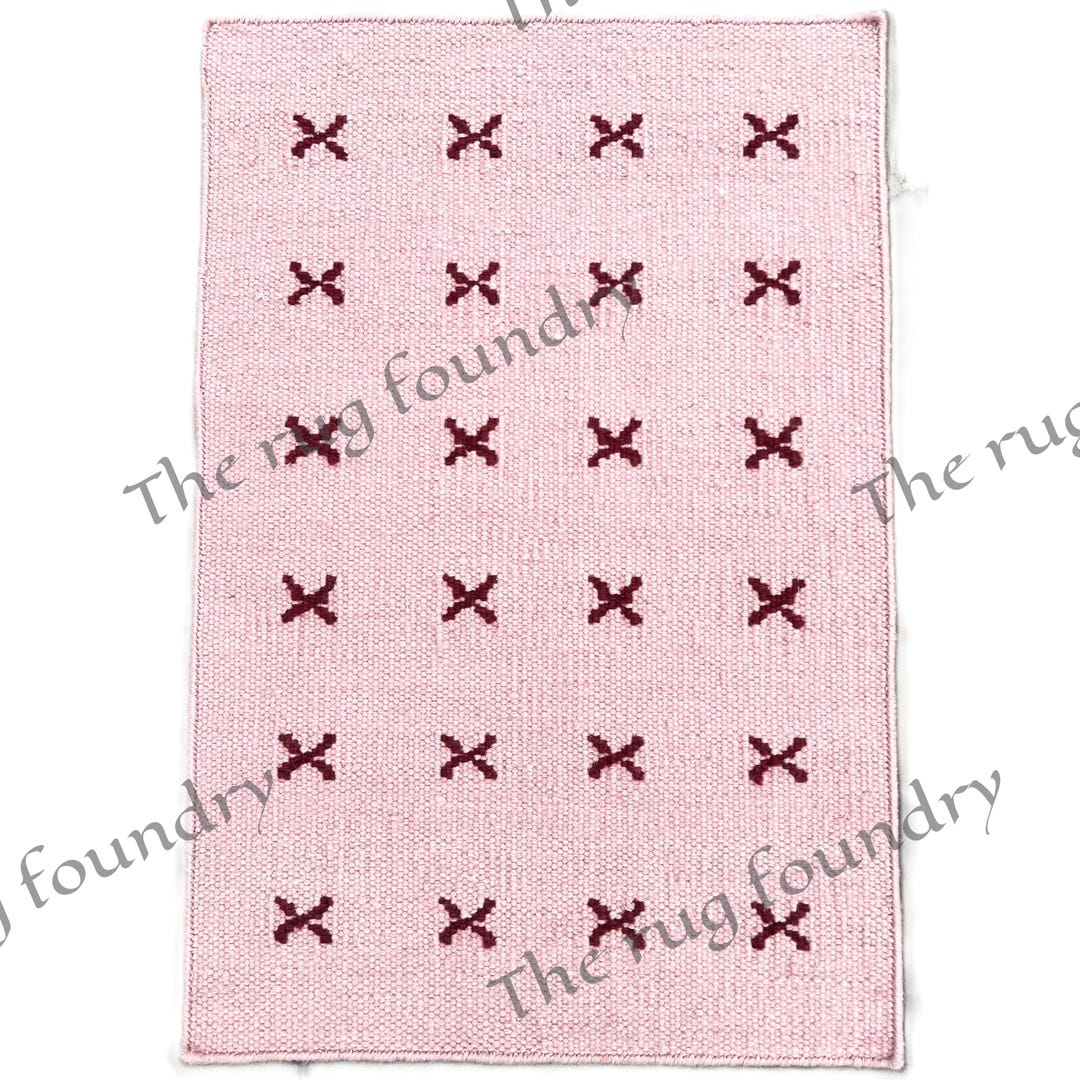 Pink Rup Pattern Pink Flatweave Wool Rug: Burgundy Cross Pattern, Modern Geometric ...