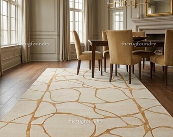Hand Tufted Wool Area Rug Abstract Beige Gold Lines Living Room Bedroom Modern Decor