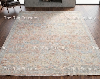 Hand Knotted Wool Area Rug – Vintage Floral Pastel Design, 8x10 Beige Ivory Carpet