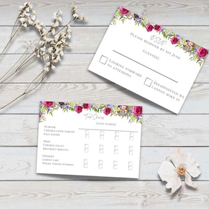RSVP de mariage avec choix de menu optionnels // Téléchargement numérique A7 // Thème de mariage floral rose // Papeterie de mariage // Emily