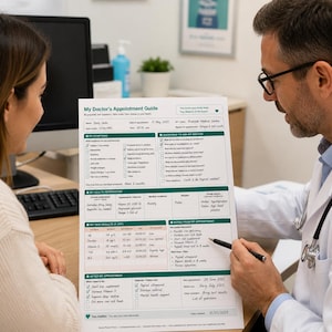 Op de afbeelding: Een afgedrukte "Mijn Doktersafspraakgids" met groene accenten wordt door een arts vastgehouden. De gids bevat secties voor symptomen, gezondheidsinformatie, testresultaten en notities. Een patiënt zit in de buurt.