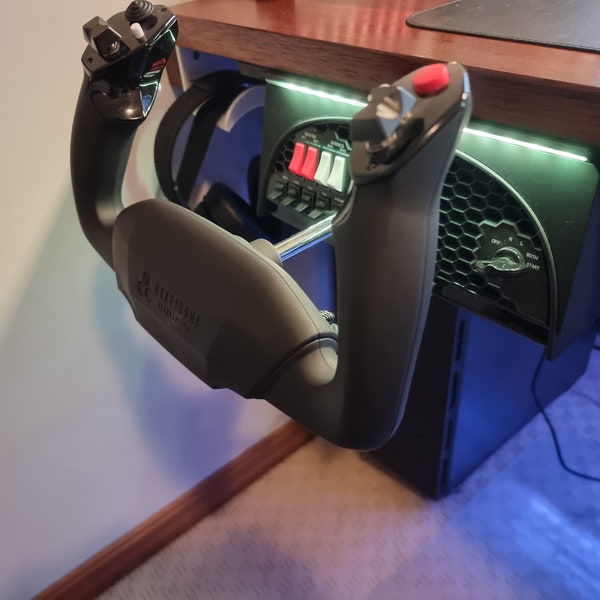 Honeycomb Alpha Yoke, Honeycomb Bravo throttle and Logitech Panel illuminated under desk mounts - (aka. 'The Glider')