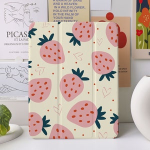 Étui Doodle Strawberry pour iPad Air 4/5, iPad 10 10,9" 2022, iPad Pro 12,9" 2021, Pro 11" 2022, iPad Mini 6/5/4, housse iPad