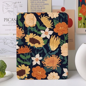 Peut inclure: Une coque de téléphone bleu foncé avec un motif floral composé de fleurs jaunes, orange et blanches. Les fleurs sont stylisées et ont un aspect vintage.
