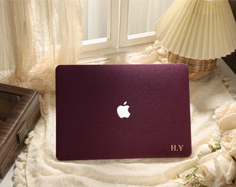Burgundy Faux Leather Hard Case for 2025 M4 Macbook Air 13”, Laptop Hard Case for Air Pro 13/14/15/16 inch, Gift for School & First Job