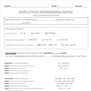Puede incluir: Una hoja de trabajo blanca titulada "SIMPLIFICANDO EXPRESIONES NOTAS" con ejemplos y problemas de práctica sobre suma y resta de polinomios. La hoja de trabajo incluye conceptos clave, instrucciones paso a paso y espacio para el nombre, la fecha y el período.