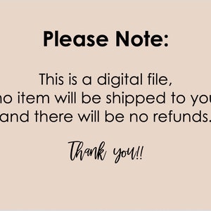 Puede incluir: Aviso de archivo digital sobre un fondo beige. El texto dice: "Nota: Este es un archivo digital, no se le enviar&aacute; ning&uacute;n art&iacute;culo y no habr&aacute; reembolsos. &iexcl;Gracias!" en negro.