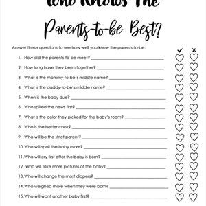 Who Knows The Parents-To-Be Best Questionnaire/Game for Baby Shower, Digital Download