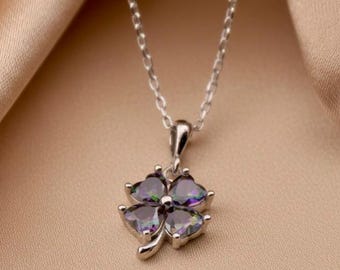 Sterling Silver 925 Four Leaf Clover Necklace with Mystic Topaz Gemstone, Rainbow Stones Charm