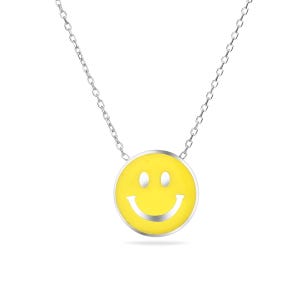 Sterling Silver 925 Yellow Smiley Face Necklace Pendant Enamel Charm Happy Face Necklace Cute Positive Round Jewellery Gift for Her