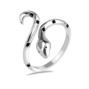 Sterling Silver 925 Snake Ring with Black Gemstone Stars Adjustable Serpent Statement Band Ring Celestial Spiritual Symbolic Unisex Jewelry