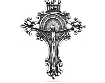 Sterling Silver 925 Ornate INRI Crucifix Cross Pendant Baroque Filigree Jewellery