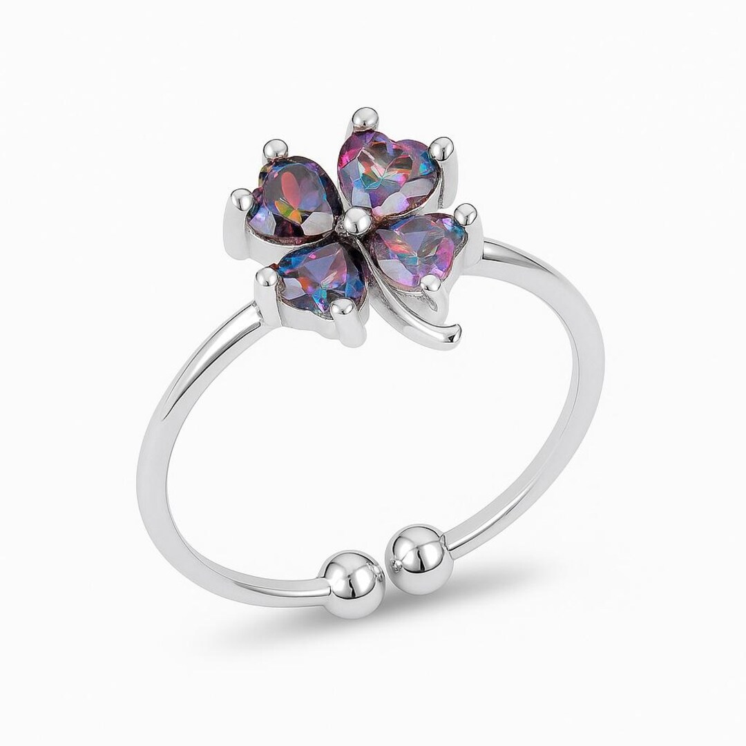 Sterling Silver 925 Four Leaf Clover Ring With Rainbow Topaz Gemstones ...