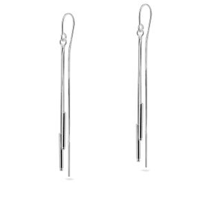 May include: A pair of silver-colored dangle earrings. Each earring features a hook, a chain, and two cylindrical bars. The earrings are designed to hang down, creating a sleek and modern look. The earrings are made of a shiny, reflective metal.