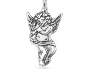 Guardian Angel Pendant – 925 Sterling Silver Cherub Flute Charm
