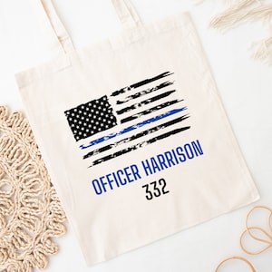Personalized Police Officer Name Tote Bag, Custom Badge Number Canvas Tote, Thin Blue Line Gift, Law Enforcement Appreciation Gift Tote