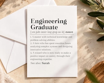 May include: A white greeting card featuring the black printed text Engineering Graduate, a phonetic pronunciation, the noun classification, and three numbered definitions describing technical knowledge, problem-solving, and innovation, ending with See also: Sarah.