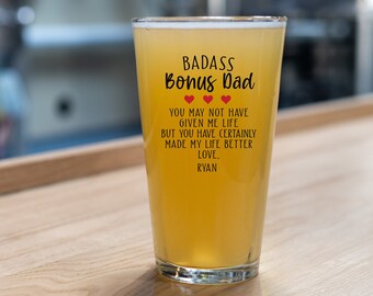 Personalized Bonus Dad Pint Glass, Funny Stepdad Gift, Step Dad Fathers Day Beer Glass, Bonus Dad Glass Gifts, Father's Day Glass