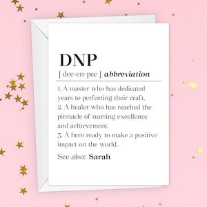 May include: A white card with black text defining the abbreviation "DNP" as "dee-en-pee". The definition includes three points describing a master, a healer, and a hero. The card also includes the text "See also: Sarah".
