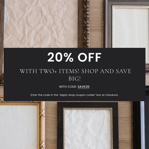 Puede incluir: Un gr&aacute;fico en blanco y negro con el texto "20% OFF WITH TWO+ ITEMS! SHOP AND SAVE BIG! WITH CODE: SAVE20 Enter the code in the "Apply shop coupon codes" box at checkout."