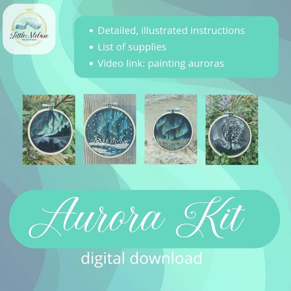 DIY Embroidery Kit, DIGITAL DOWNLOAD, Aurora Kit: Paint your own Aurora Borealis and create mixed media art with embroidery