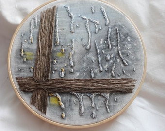 Embroidery Art:  Rainy Window Scene, Watercolor and Embroidery