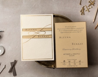 Gold Foil Wedding Invitation, Beige Card with Cream Velvet Envelope, Elegant Personalized Luxury Set