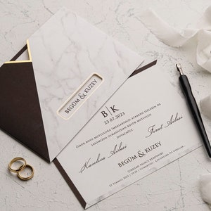 Faire-part de mariage café, Faire-part de mariage à motifs de marbre, Invitation élégante, Invitation de diamant, Invitation de dorure