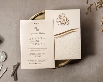 Gold Detailed Wedding Invitation, Laser Embossed Wedding Invitation, Wedding Invitation, Elegant Invitation, Gold Framed Invitation