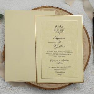 Goldfolie Hochzeitseinladung, Creme Farbe Hochzeitseinladung, Creme Umschlag, Goldfolie Rahmen, Gold Einladungen, Brautdusche