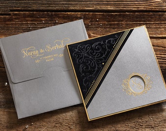 Black-Grey Gold Wedding Invitations, Thick Cardboard Invitation, Luxury Wedding Invitation, Gold Embroidered Invitation, Premium Invitation