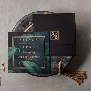 Invito a nozze nero floreale, Invito a nozze Premium, Invito a nozze, Invito elegante, Invito timbrato in oro, Busta nera