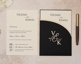 Black Tie Wedding Invitation Set, Bow String Envelope, Elegant Personalized Luxury Invite