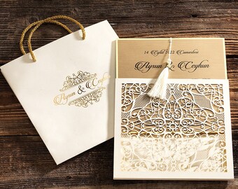 Wedding Invitation with Bag, Thick Cardboard Invitation, Luxury Wedding Invitation, Gold Embroidered Invitation, Premium Invitation