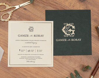 Gold Foil Green Wedding Invitation, Elegant Personalized Design, Luxury Modern Wedding Card with Envelope