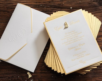 Gold - White Wedding Invitation, Thick Cardboard Invitation, Luxury Wedding Invitation, Gold Embroidered Invitation, Premium Invitation