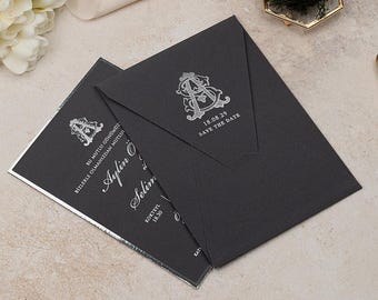 Charcoal Wedding Invitation, Silver Foil Monogram Design, Elegant Personalized Formal Luxury Invite