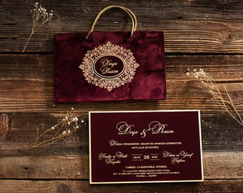 Wedding Invitation with Bag, Thick Cardboard Invitation, Luxury Wedding Invitation, Gold Embroidered Invitation, Premium Invitation