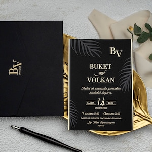Or - Faire-part de mariage noir, Faire-part de mariage découpé au laser, Faire-part de mariage, Invitation élégante, Invitation d'estampage
