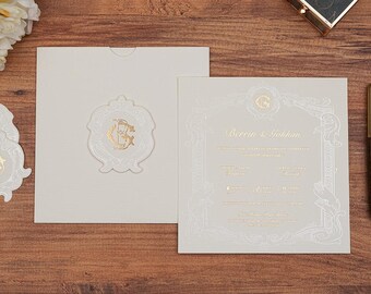 Gold Foil Wedding Invitation Set, Elegant Personalized Invitations, Luxury Wedding Cards with Envelope