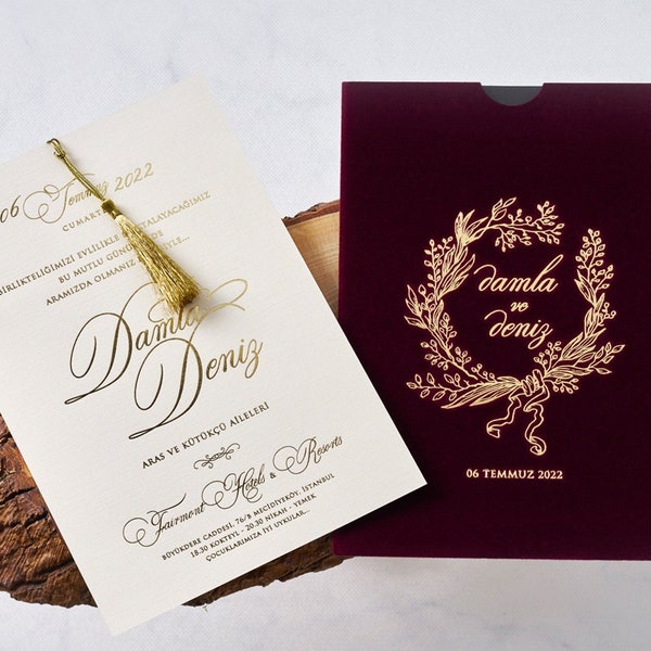 Velvet Wedding Invitation, Wedding Invitation, Gilded Invitation, Foiled Velvet Invitations, Velvet Invitations, Burgundy Velvet invitations